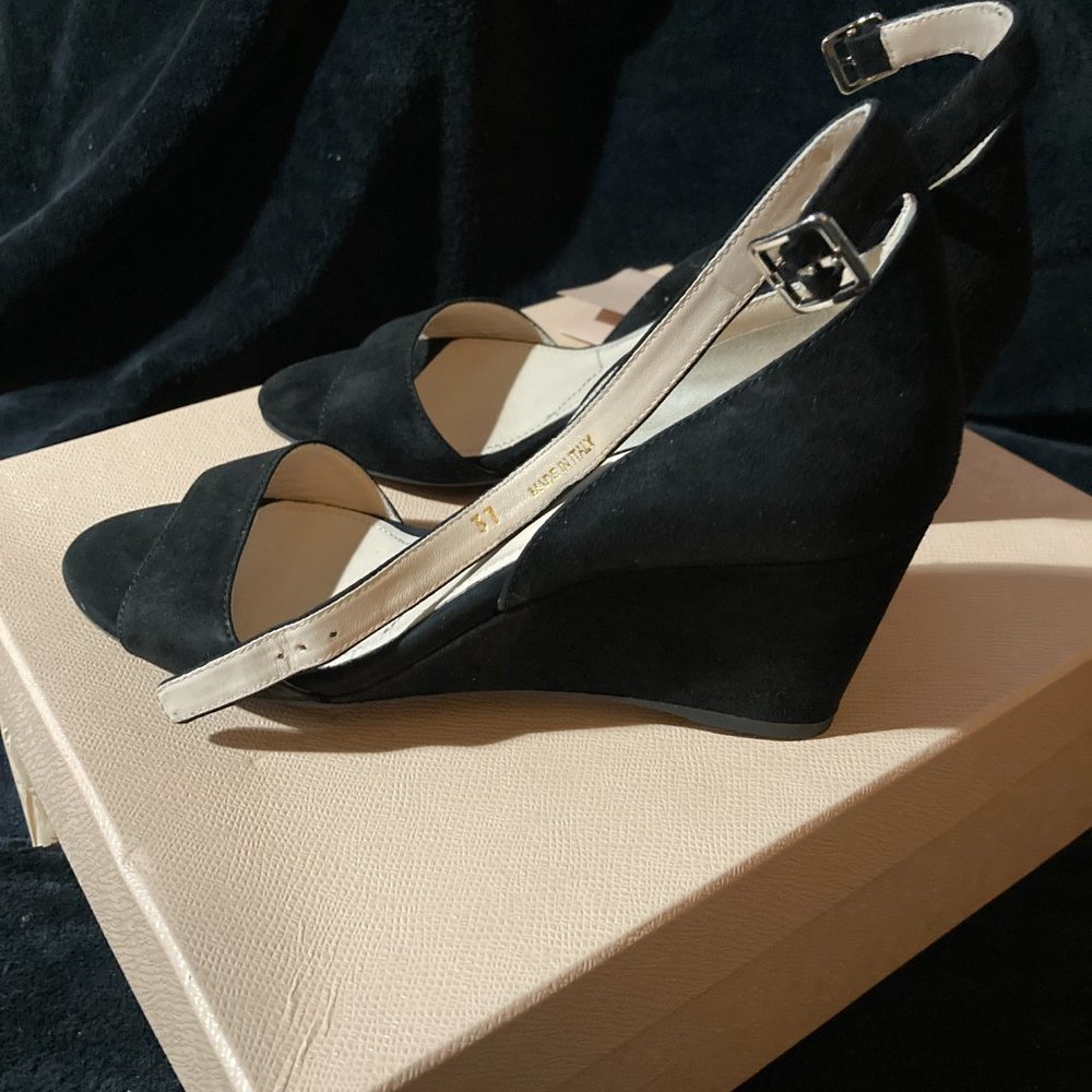 PRADA Black Italian Suede Heel - size 7 / 37 - Demi wedge AW SNDL NWT  Leather
